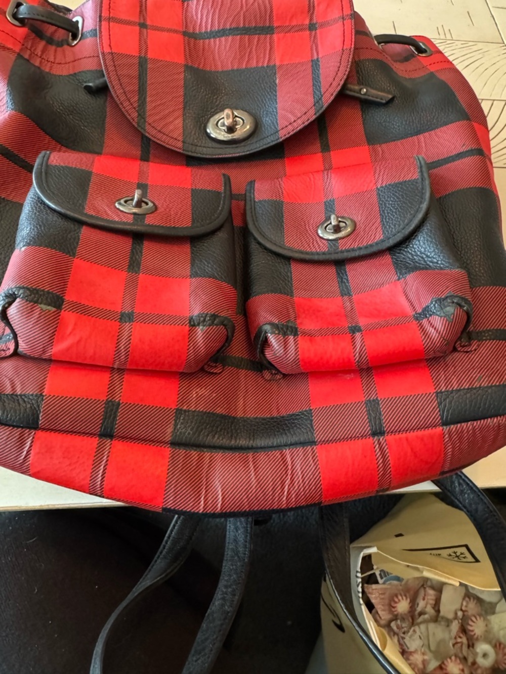 Coach Used Red and Black Plaid Bucket Backpack - Picture 2 of 6